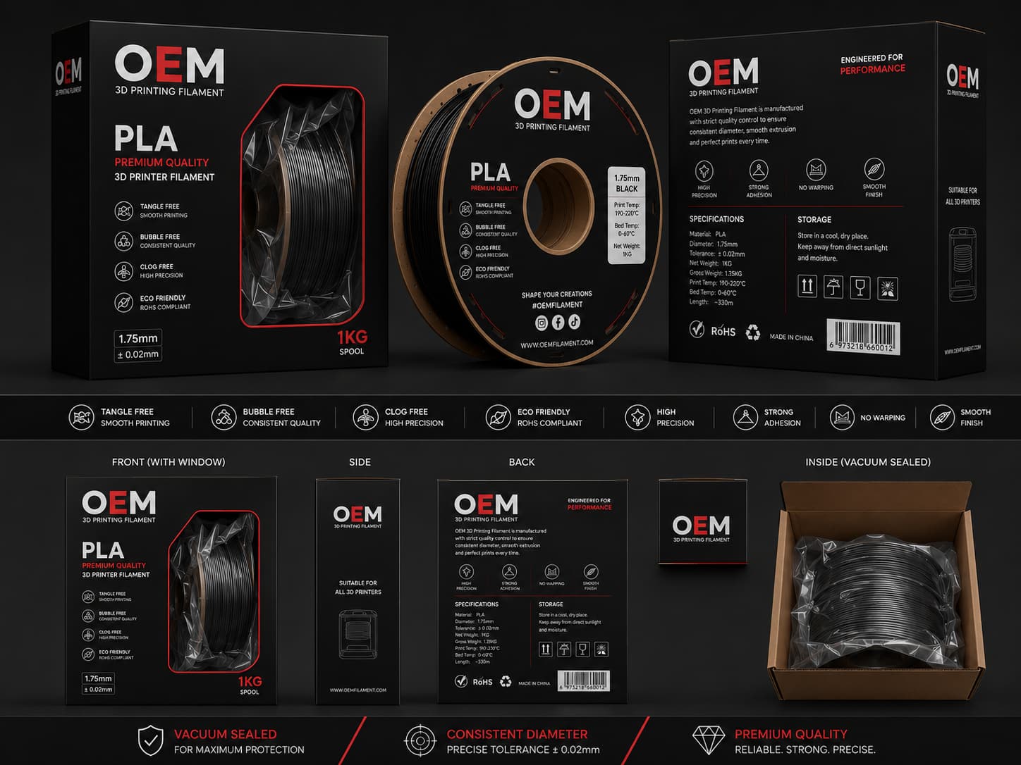 Exemplo de design OEM da WJ com caixa com janela, carretel de marca e painéis impressos.