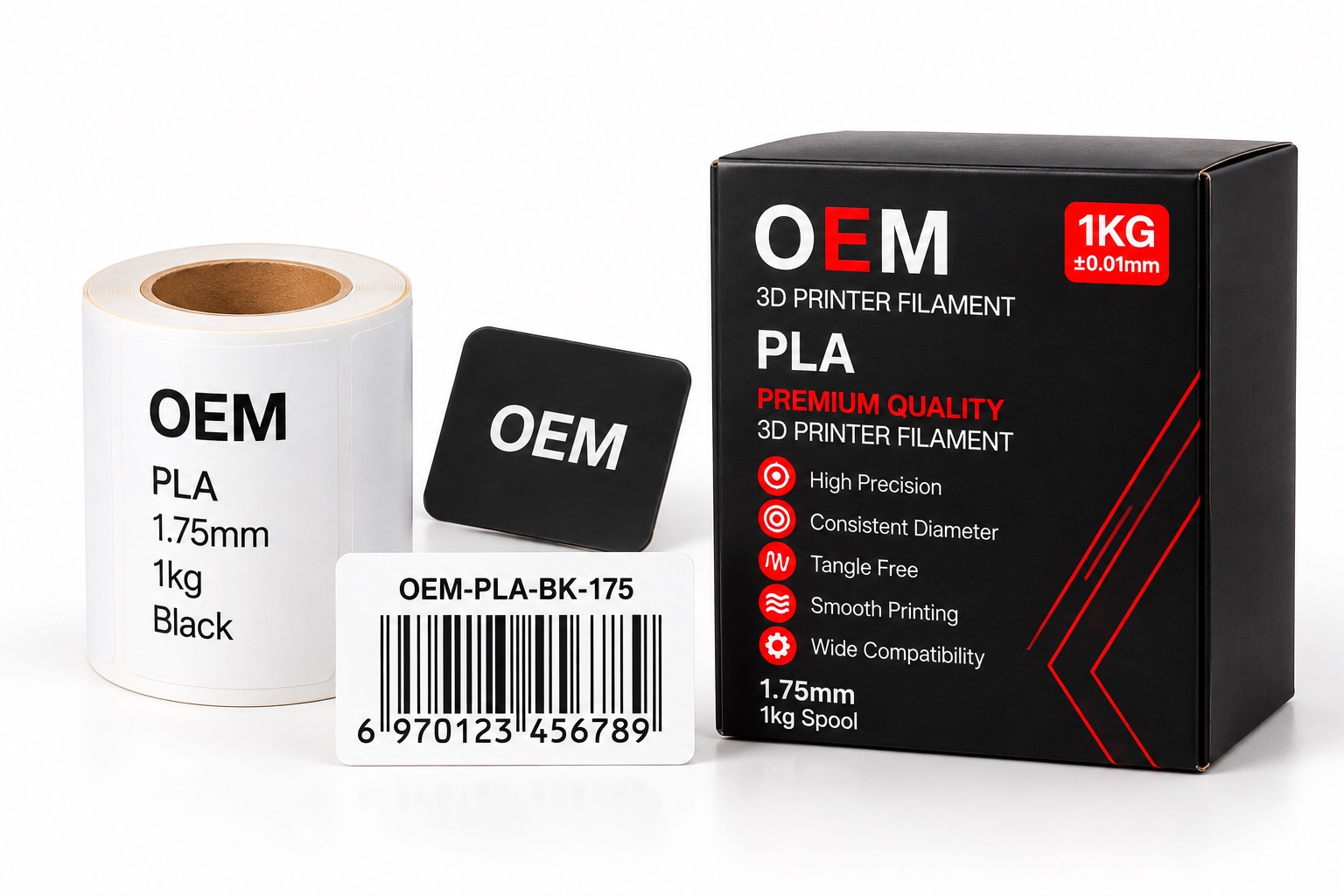 OEM label roll, logo plate, barcode and closed printed retail box