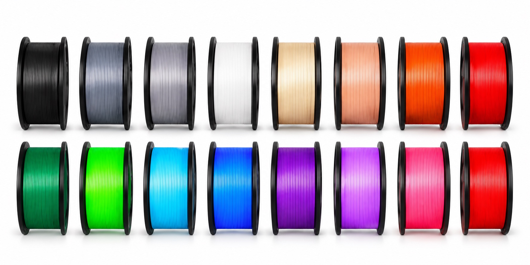 Two rows of coloured filament spools for custom colour matching