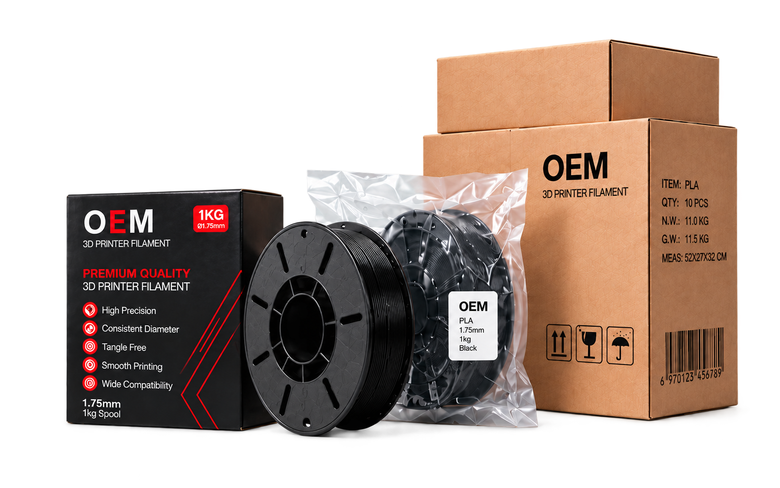 Closed OEM retail box, black filament spool, vacuum-sealed bag and shipping cartons