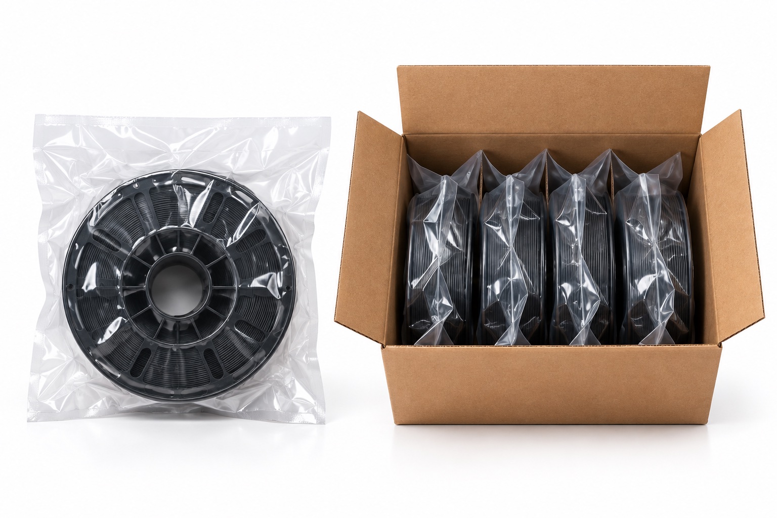 Vacuum-sealed filament spool and open master carton with packed spools