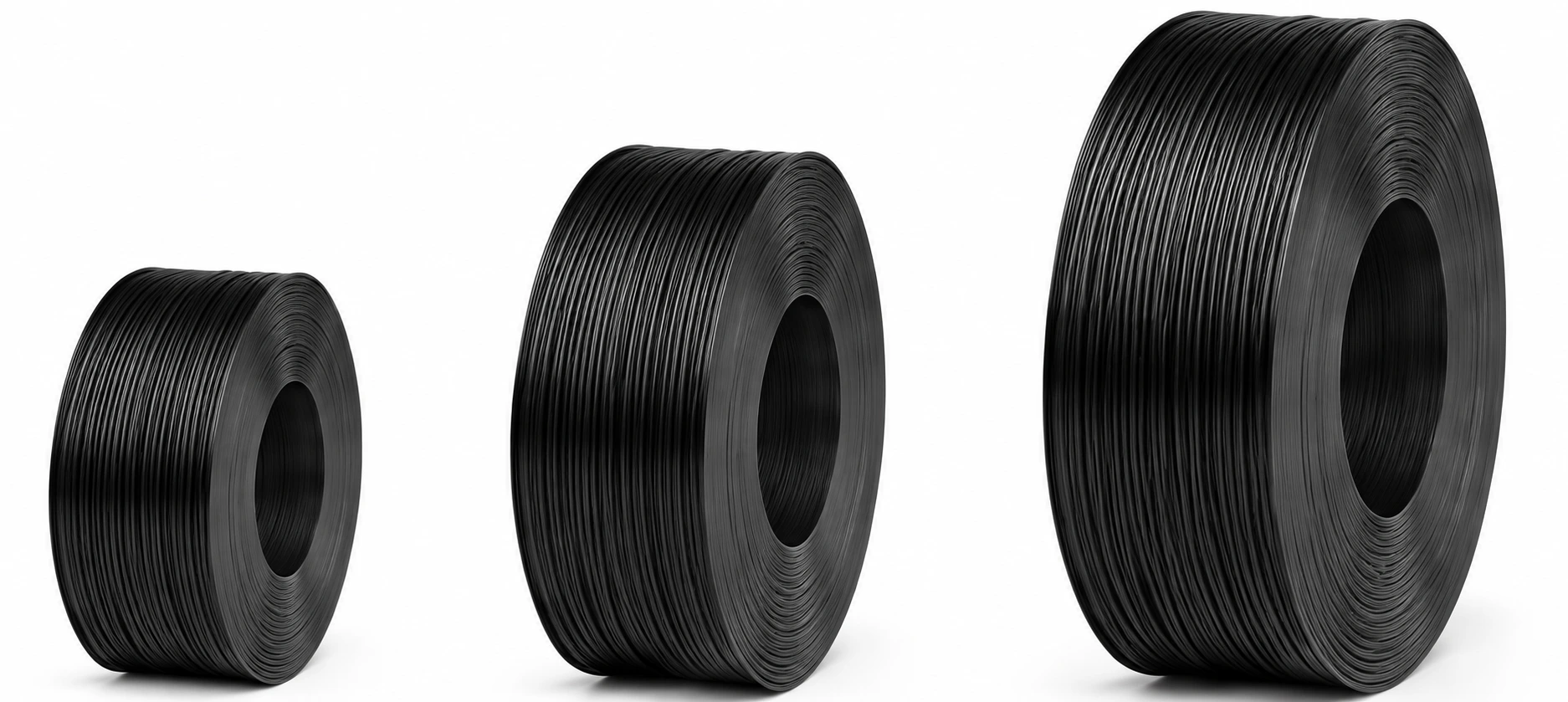 Three slim upright black refill coils in 1 kg, 3 kg and 5 kg formats